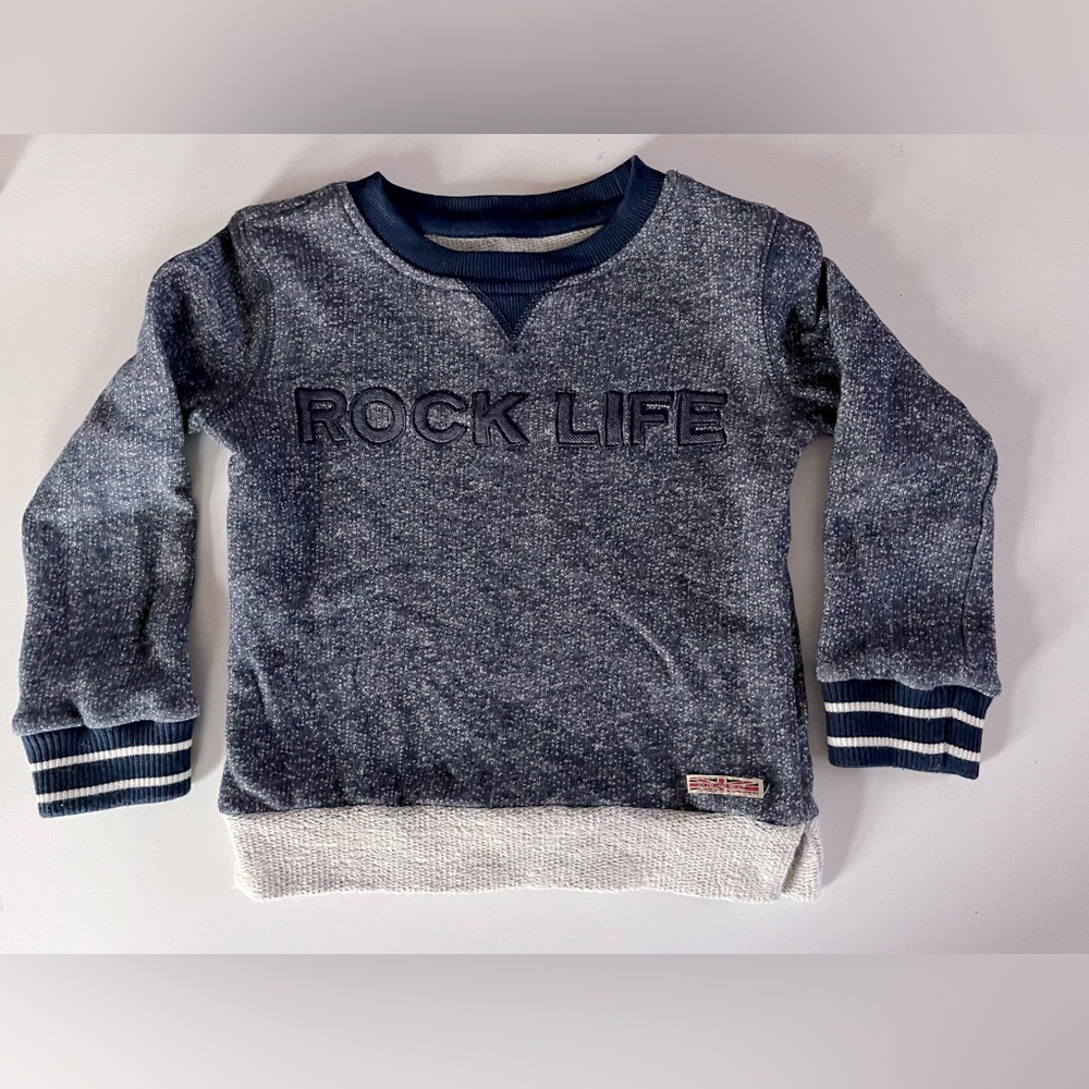 Boy’s Hudson “Rock Life” crew neck long sleeve sweat shirt Navy/Gray/White 3T